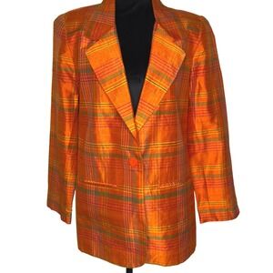 Vtg Mark Alan Blazer Womens Sz 8 Plaid 100% Silk Orange Career Business Jacket